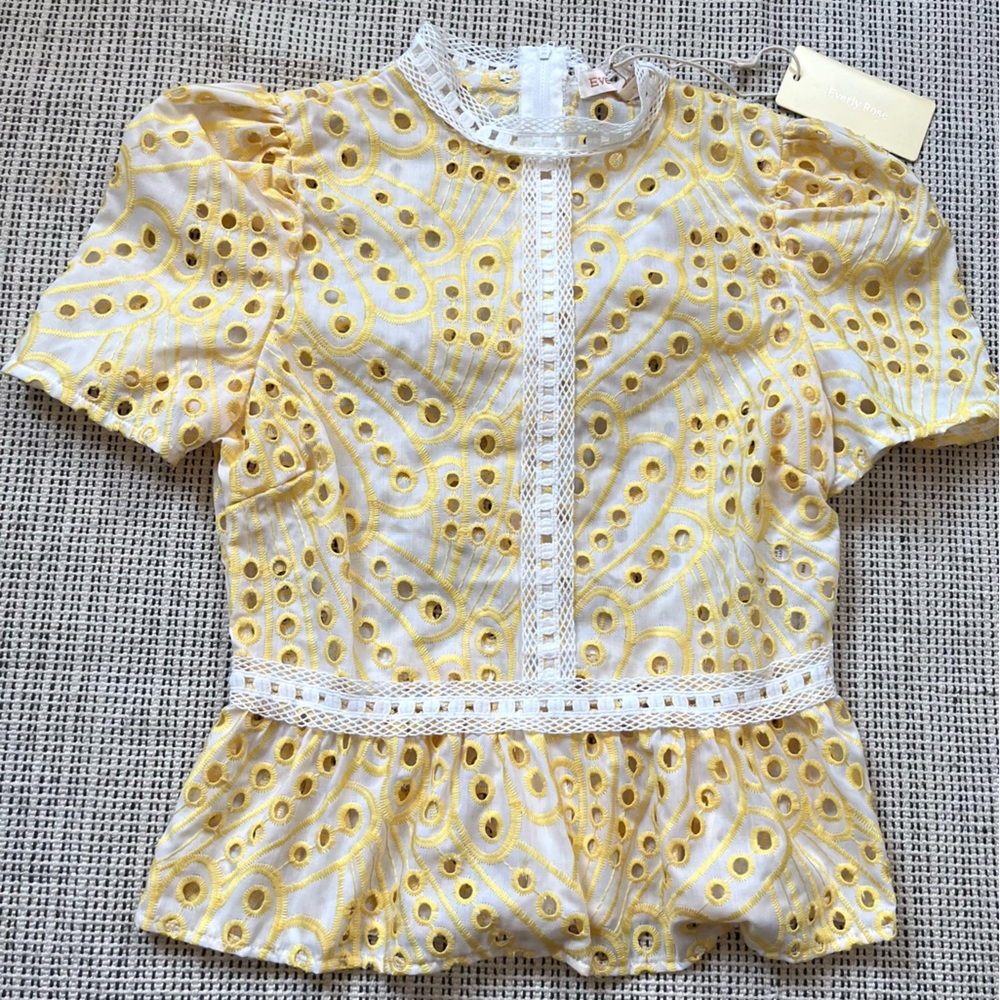 Yellow and White Eyelet Short Sleeve Peplum Top Size XS